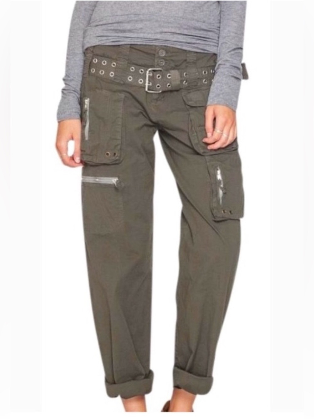 Johnny Was Marika Cargo Pants Olive Green Size 2 With Belt Y2K